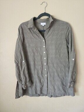 J. Jill Olive Green Crinkle Plaid Button Down Roll Tab Shirt Small Petite